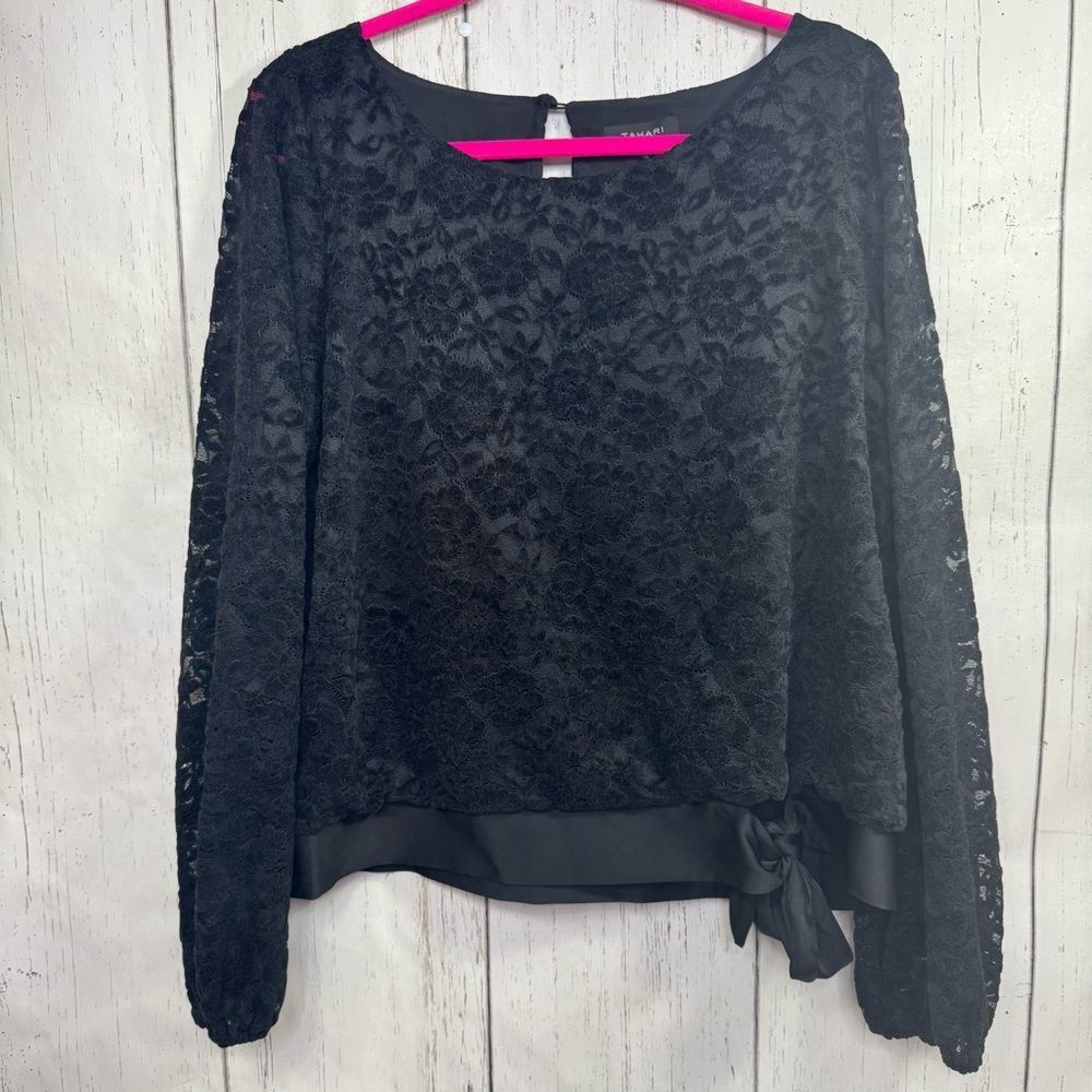 Tahari ASL Black Lace Satin Bow Blouse Womens L Elegant Evening Romantic Chic